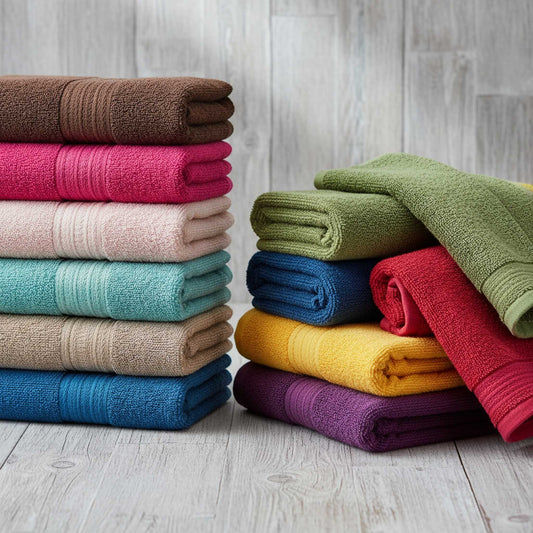 Stacks of colorful towels on a wooden surface, featuring ZM Textiles Belgium 600GSM Luxury Bath Towels.