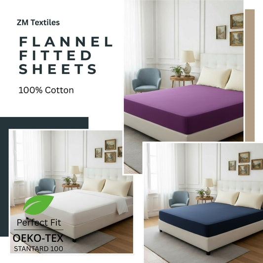 Advertisement for ZM Textiles Belgium flannel fitted sheets with images of beds and text highlighting features.