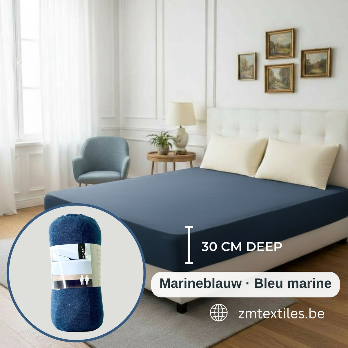 Blauer Matratzenbezug auf einem Bett in einem Schlafzimmer, mit den Jersey-Spannbettlaken von ZM Textiles Belgium
