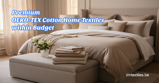 Premium OEKO-TEX certified cotton bedding collection in luxurious Belgian bedroom - affordable luxury duvet covers and fitted sheets