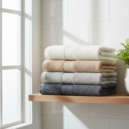 Stack of folded towels on a wooden shelf in a bright bathroom, featuring ZM Textiles 500GSM Ultra Absorbent  Towels.