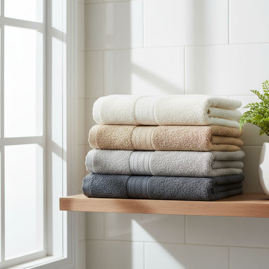 Stack of folded towels on a wooden shelf in a bright bathroom, featuring ZM Textiles 500GSM Ultra Absorbent  Towels.