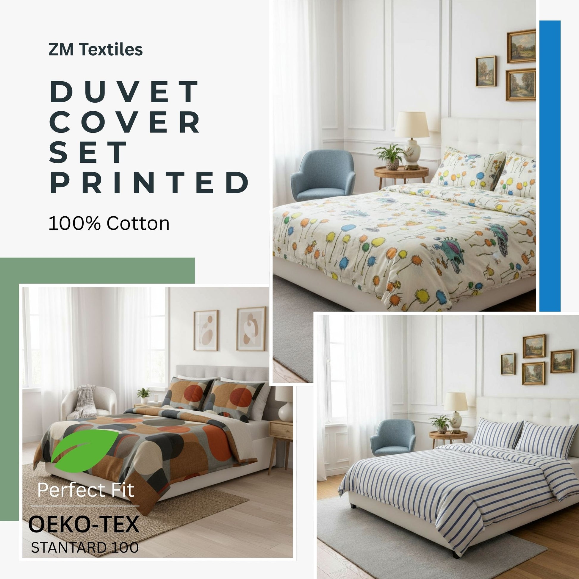Collage of duvet cover set printed with ZM Textiles branding and product details.