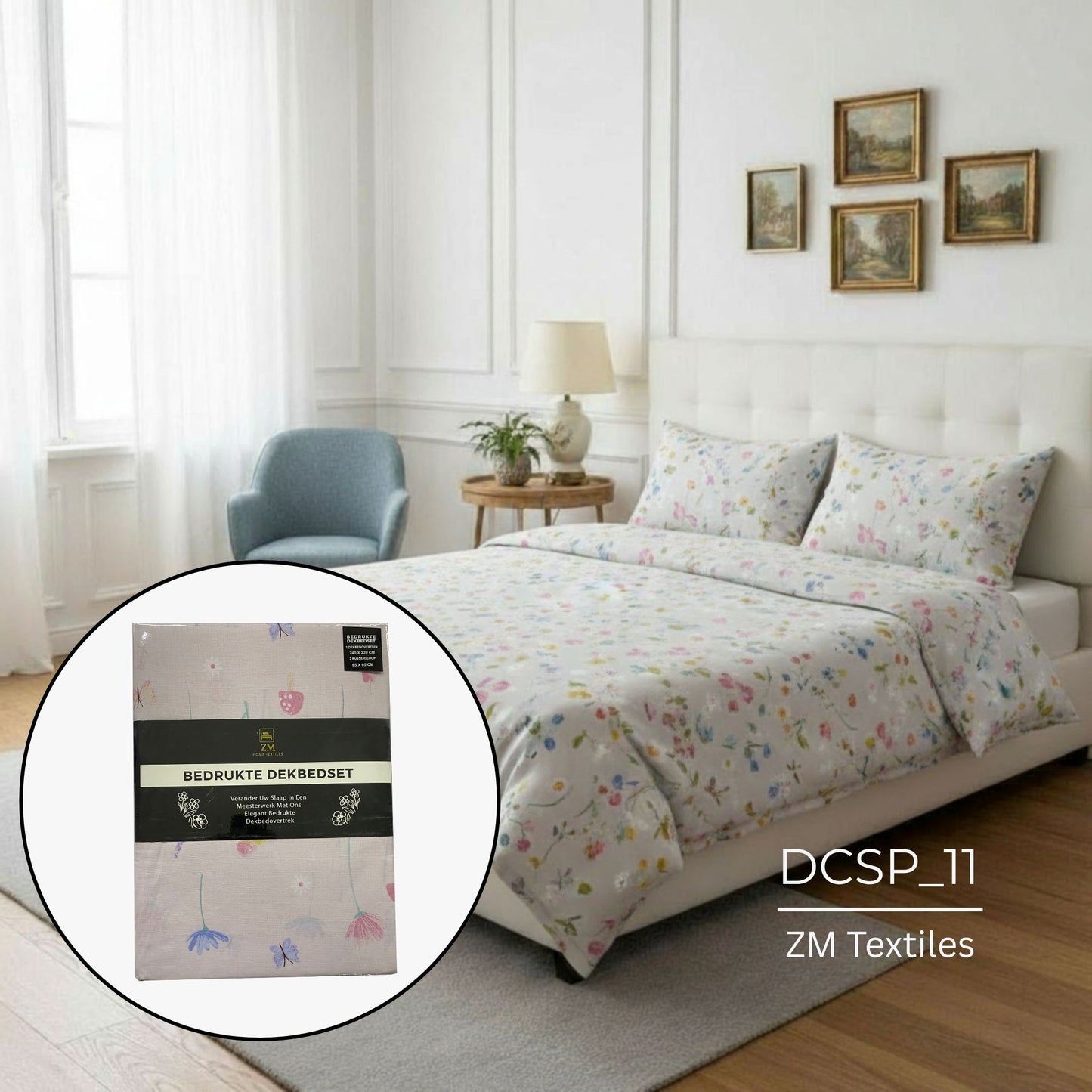 Bedroom with floral Duvet Cover Set, featuring ZM Textiles Belgium printed duvet cover set and ZM Textiles packaging