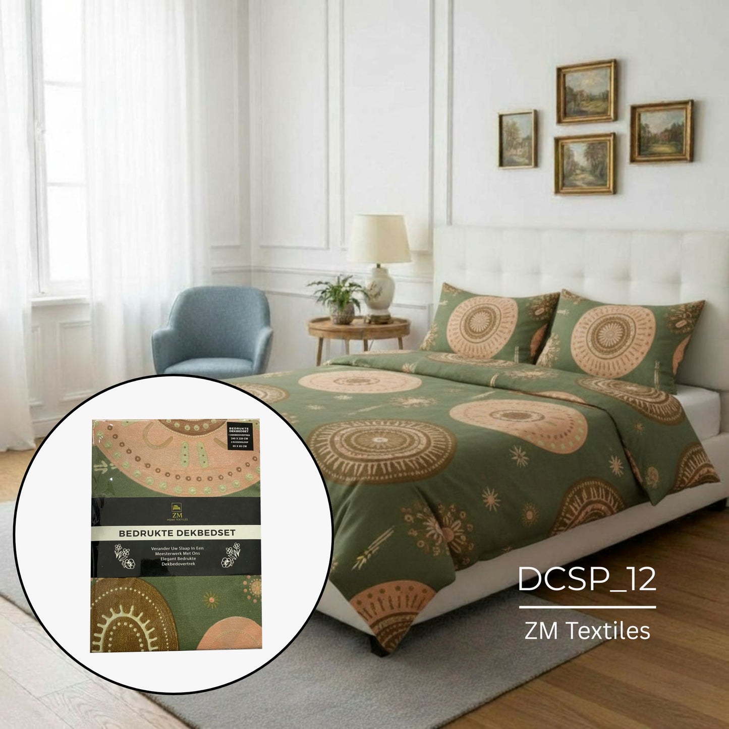 Bedroom with green patterned Duvet Cover Set, featuring ZM Textiles Belgium printed duvet cover set and ZM Textiles packaging.