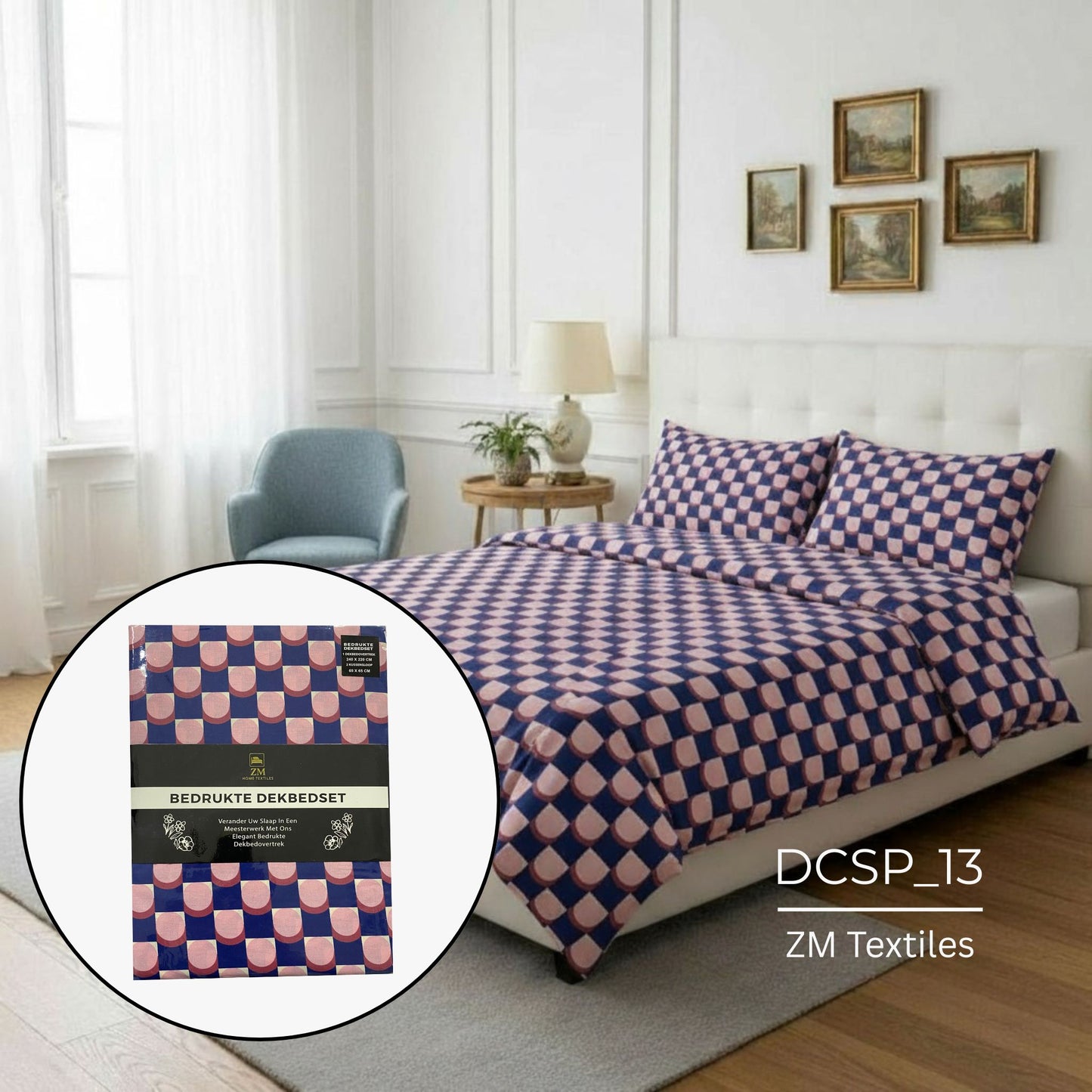 Checkered Duvet Cover Set on a bed with ZM Textiles packaging in a bedroom setting, featuring ZM Textiles Belgium printed duvet cover set.