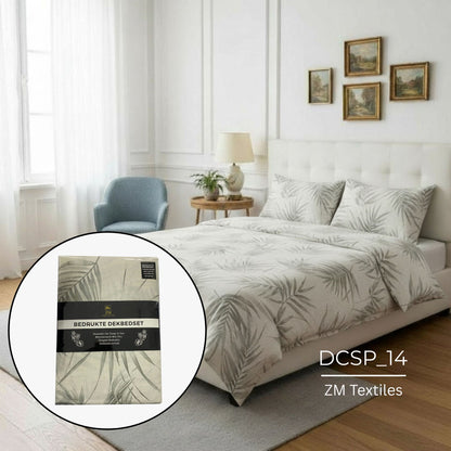 Duvet Cover Set with leaf-patterned bedding and ZM Textiles packaging, featuring ZM Textiles Belgium printed duvet cover set.