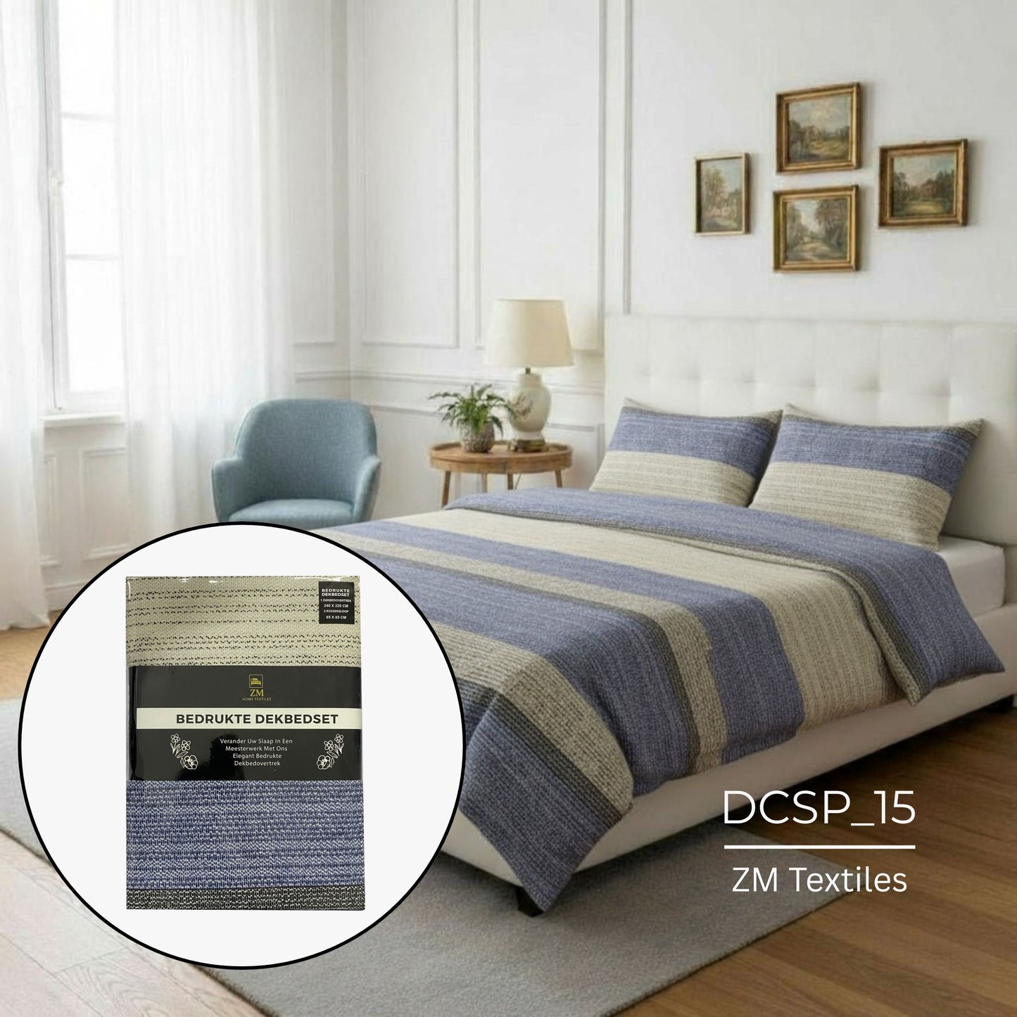 Striped Duvet Cover Set on a bed in a bedroom with ZM Textiles packaging detail, featuring ZM Textiles Belgium printed duvet cover set.
