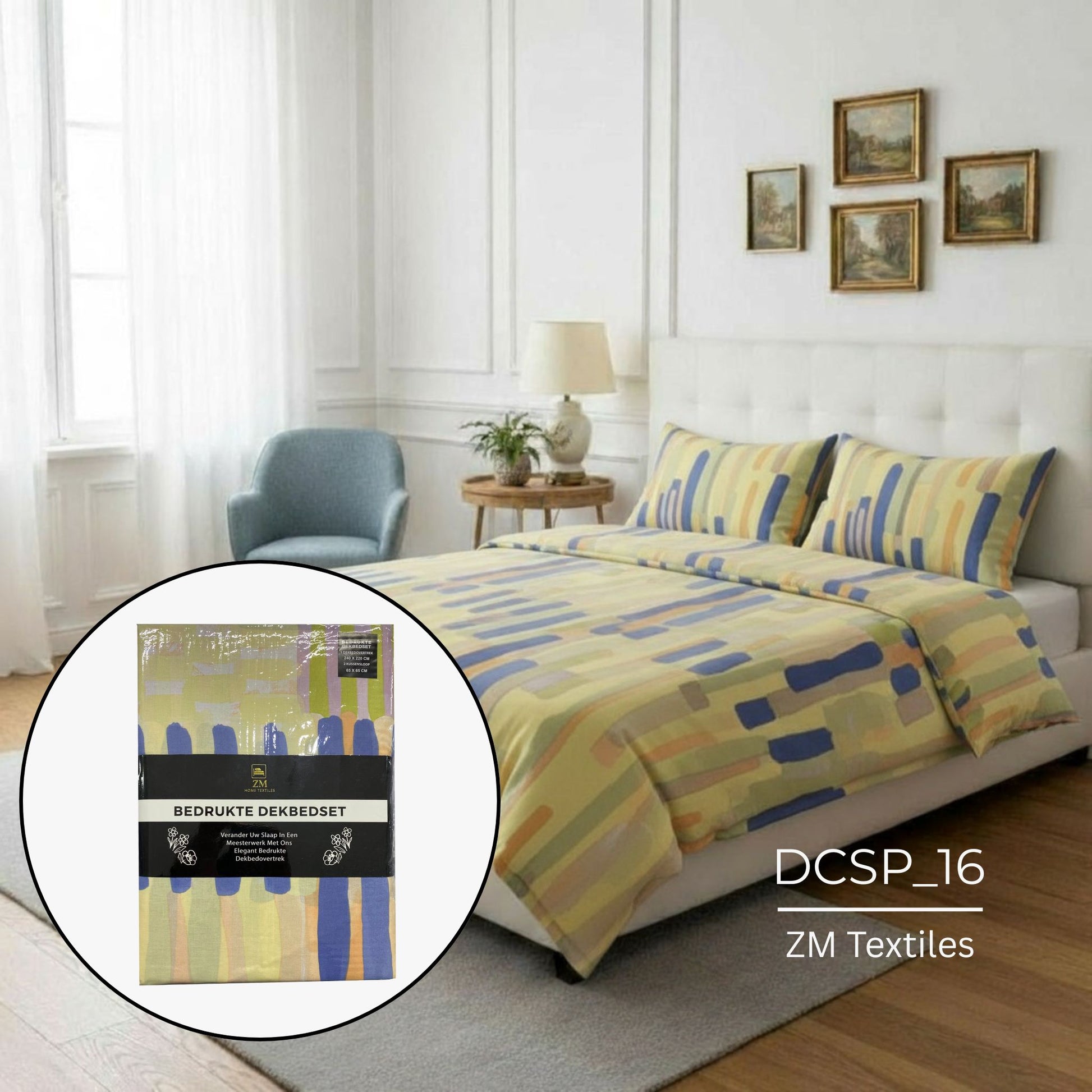 Duvet Cover Set with geometric pattern in a bedroom setting, featuring ZM Textiles Belgium printed duvet cover set.