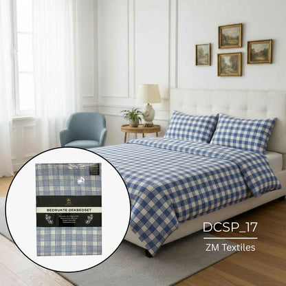 Blue and white checkered Duvet Cover Set on a bed in a bedroom with ZM Textiles packaging, featuring ZM Textiles Belgium printed duvet cover set.
