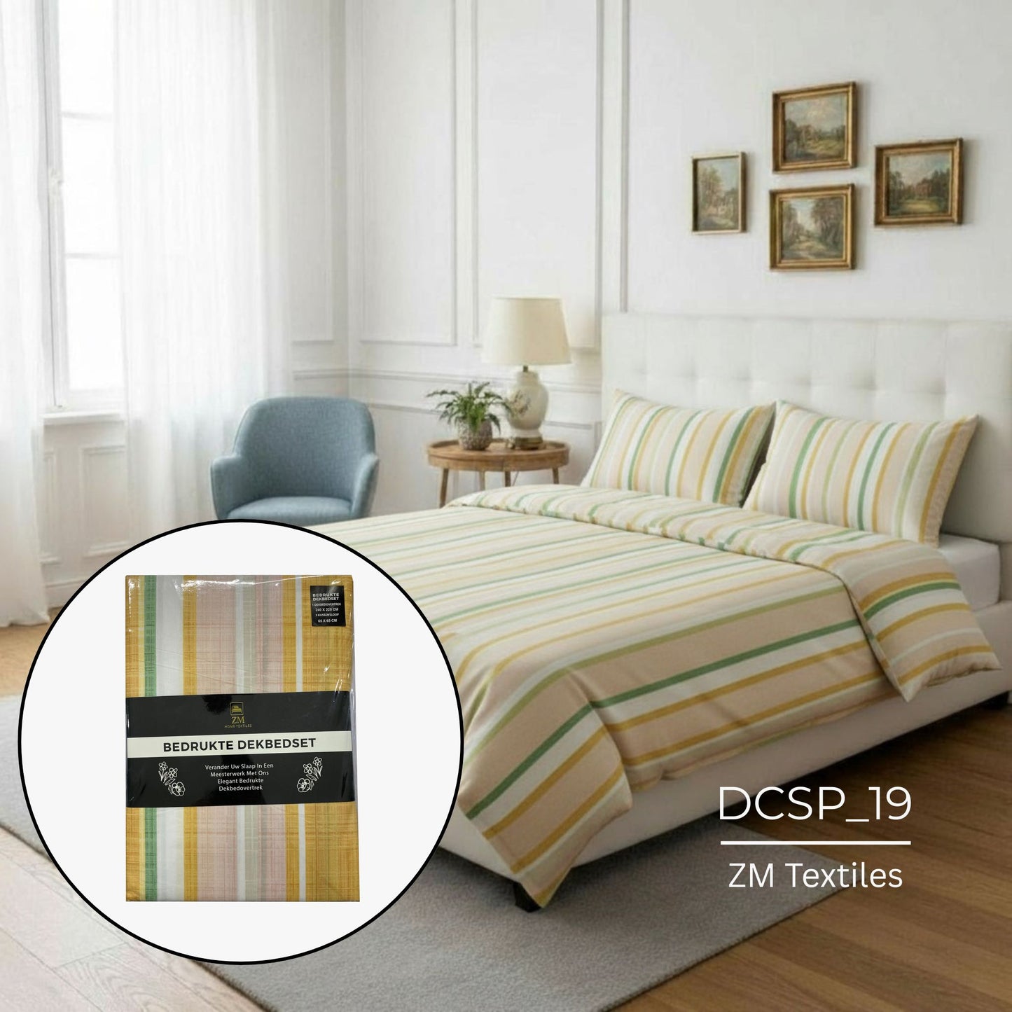 Duvet Cover Set on a bed in a bedroom with ZM Textiles packaging, featuring ZM Textiles Belgium printed duvet cover set.