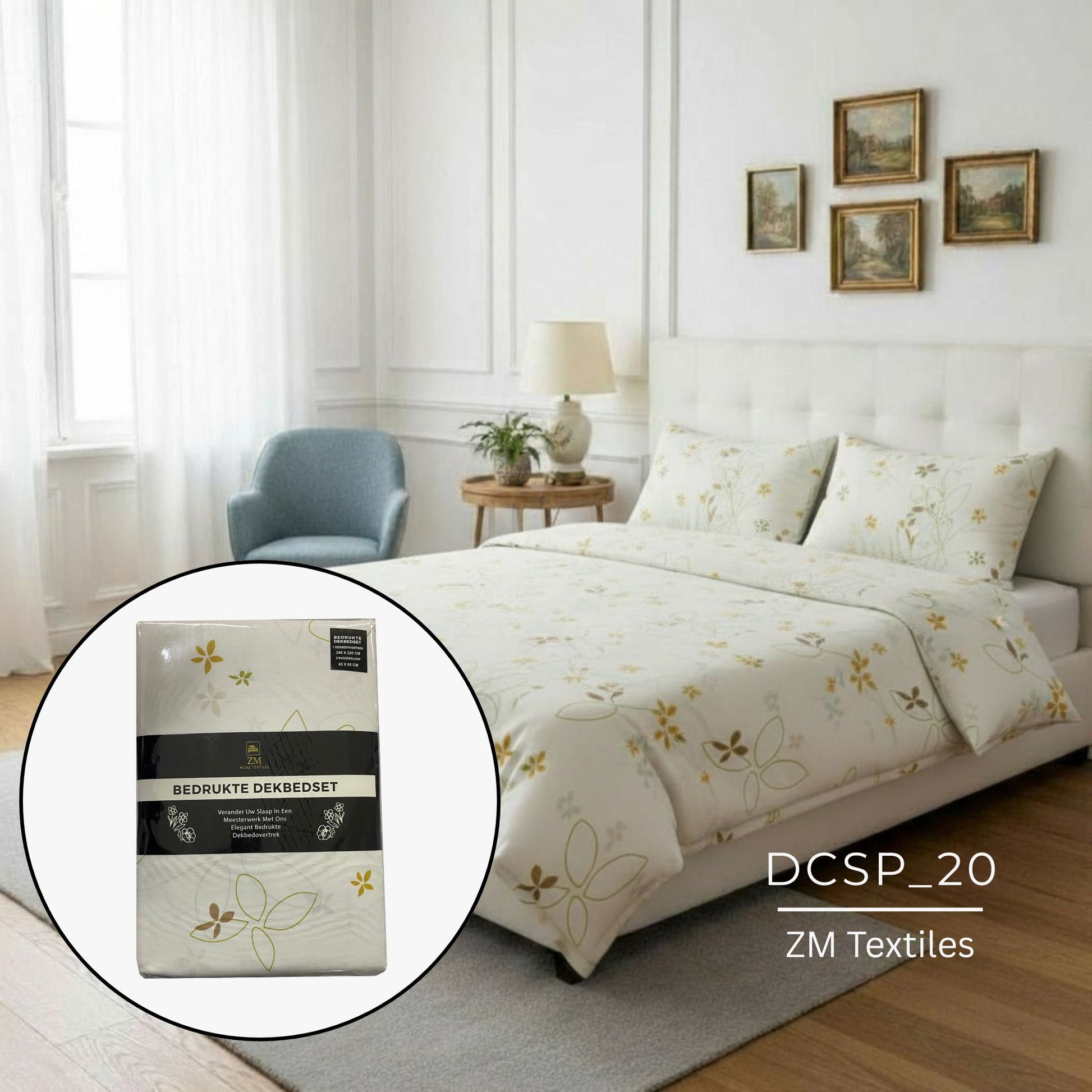 Duvet Cover Set with floral pattern in a bedroom setting, featuring ZM Textiles Belgium printed duvet cover set.