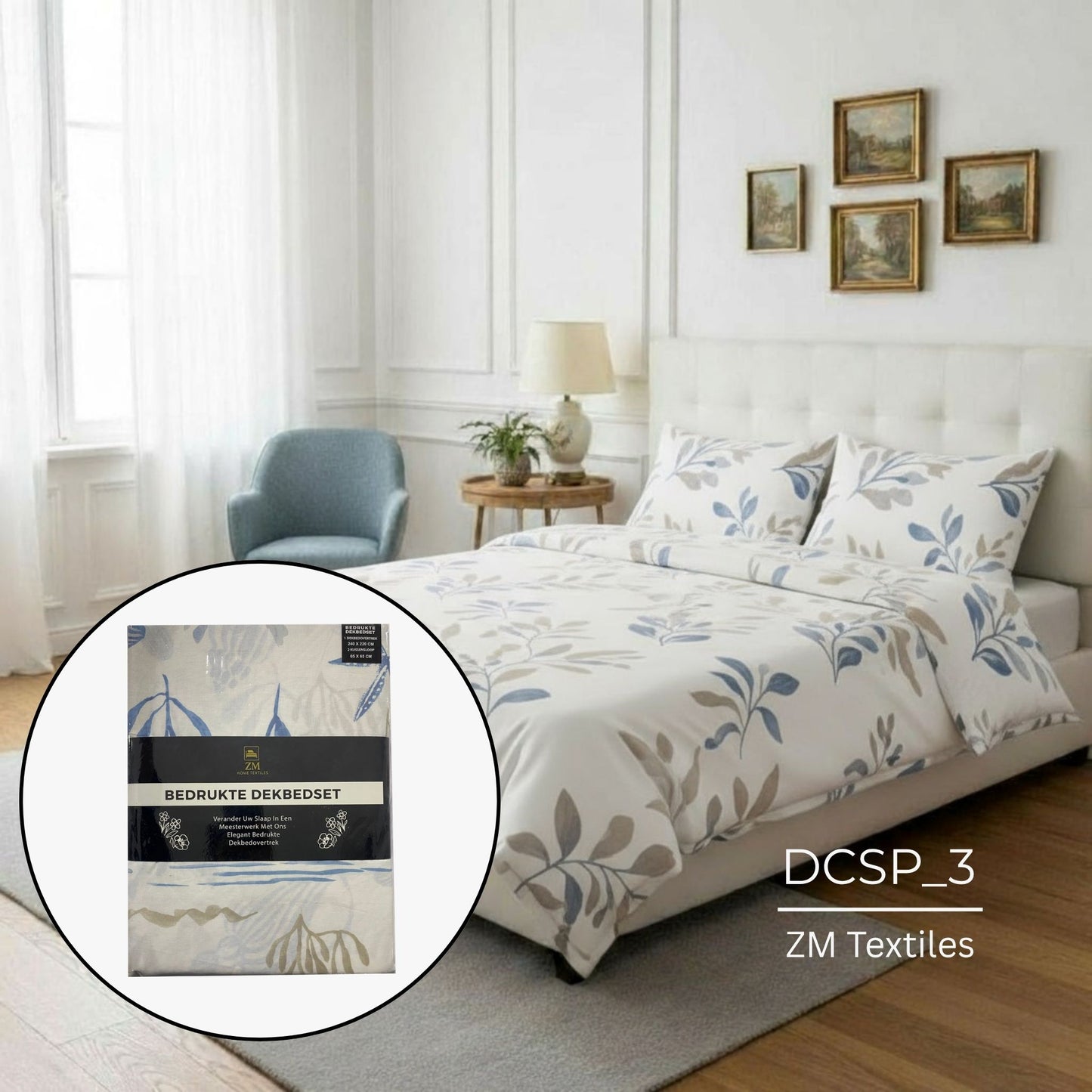 Bedroom with floral Duvet Cover Set and ZM Textiles packaging