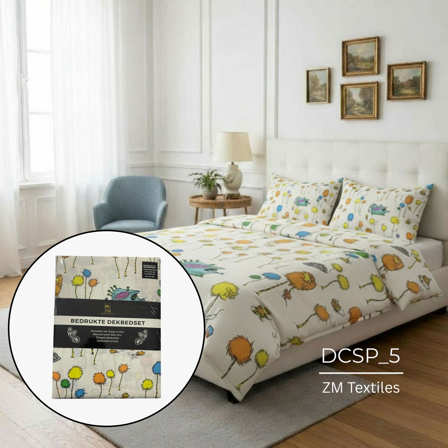 Bedding set with colorful design on a bed in a bedroom, featuring ZM Textiles Belgium printed duvet cover set.