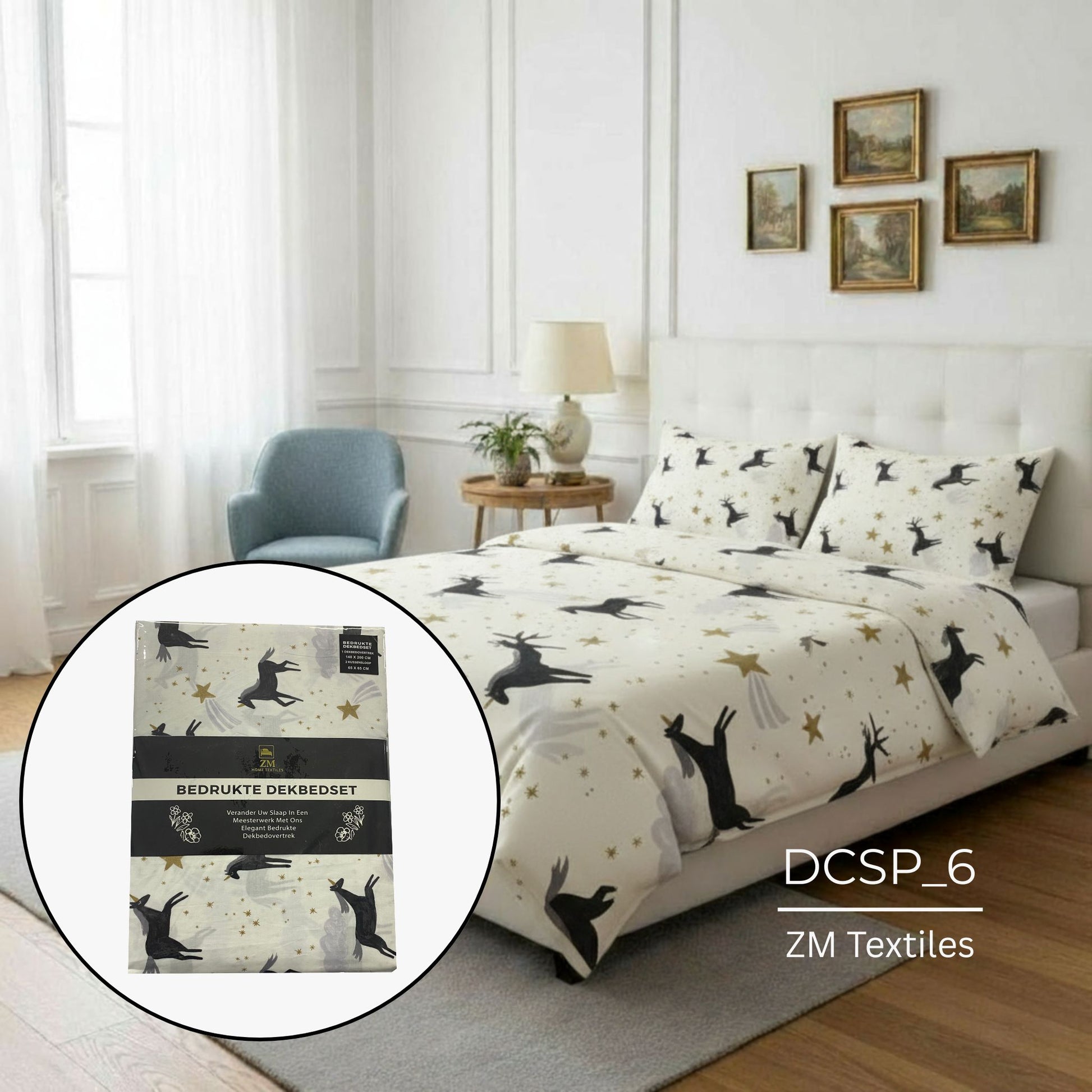 Bedding set with black animal prints on a bed in a bedroom, featuring ZM Textiles Belgium printed duvet cover set with ZM Textiles packaging.