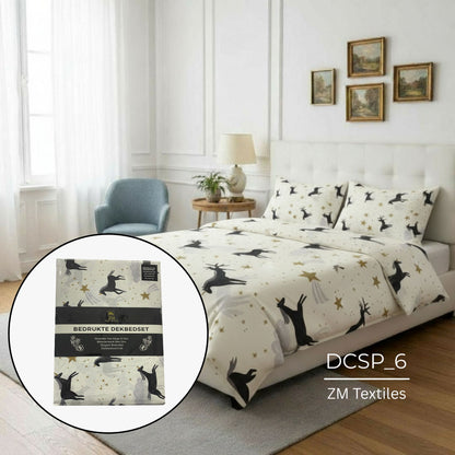 Bedding set with black animal prints on a bed in a bedroom, featuring ZM Textiles Belgium printed duvet cover set with ZM Textiles packaging.
