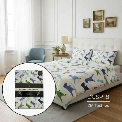 Bedding set with dog pattern in a bedroom setting, featuring ZM Textiles Belgium printed duvet cover set.
