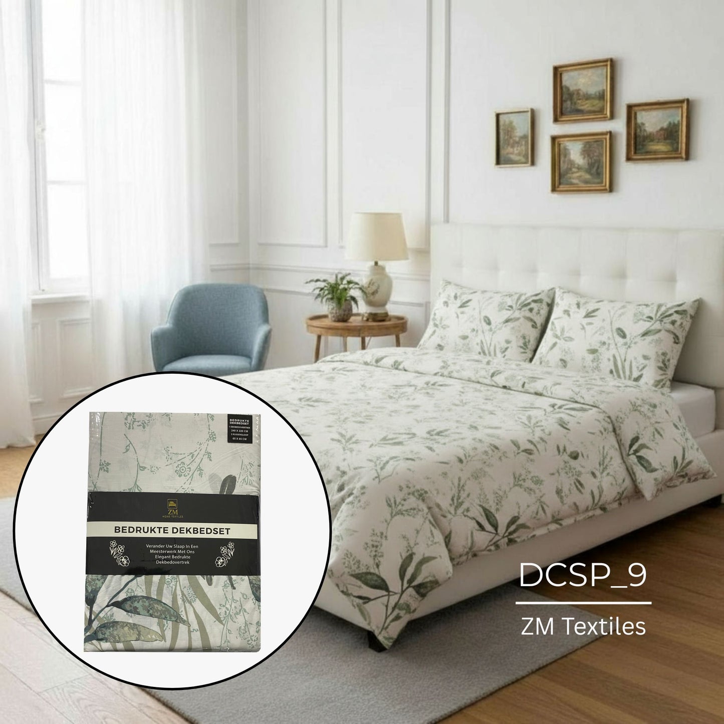 Bedroom with floral Duvet Cover Set, featuring ZM Textiles Belgium printed duvet cover set and ZM Textiles packaging