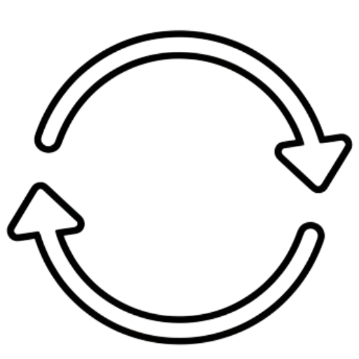 Circular arrow icon with two opposing arrows on a white featuring easy returns for ZM Textiles Belgium.