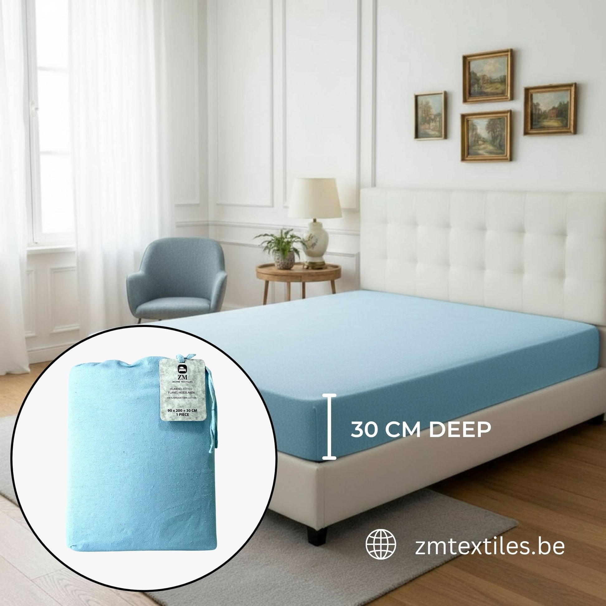 Blue mattress cover on a bed with a close-up of the product and brand logo. featuring ZM Textiles Belgium flannel fitted sheets.