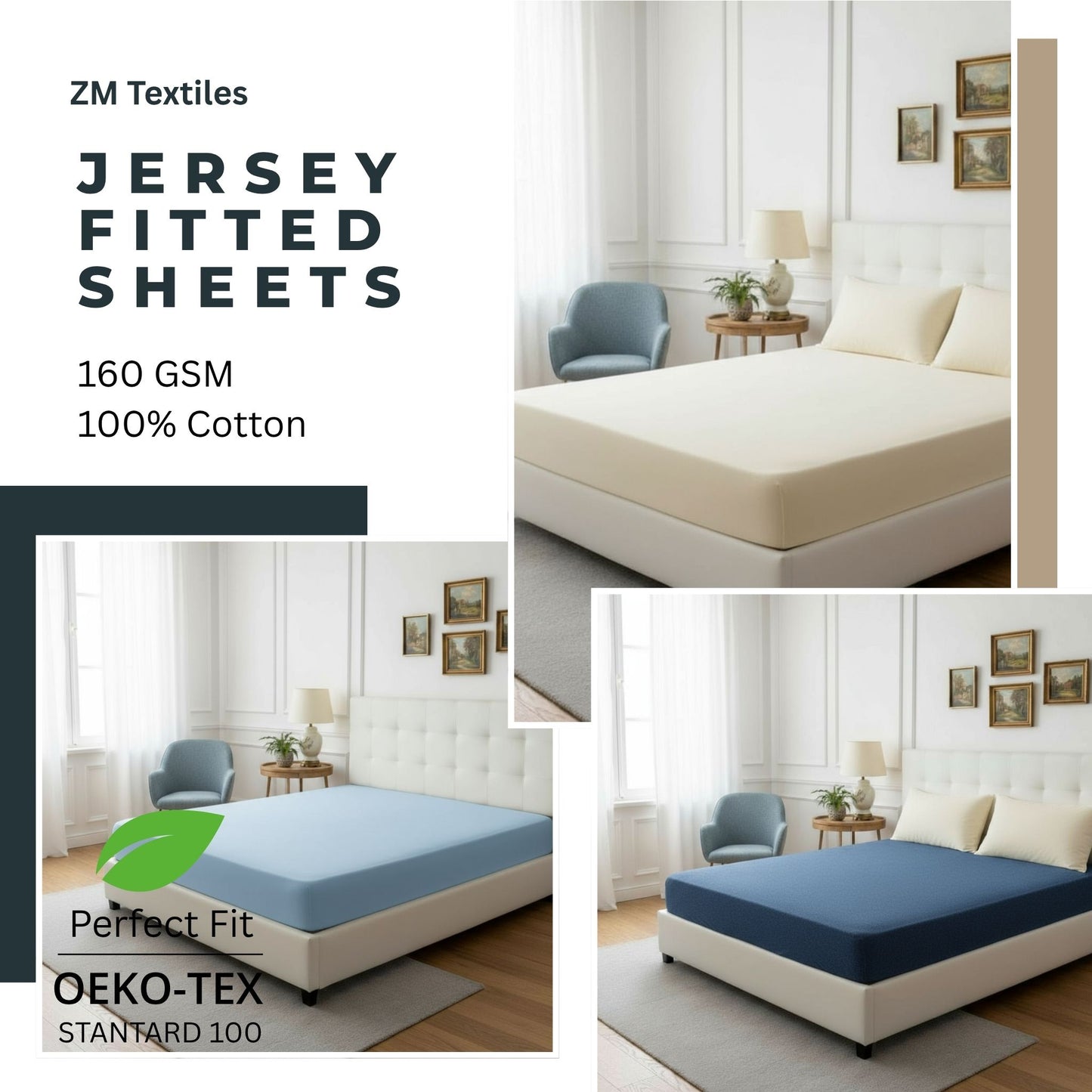 Jersey Fitted Sheet 100% Cotton – 160 GSM, Stretchable, All-Around Elastic, OEKO-TEX® Certified