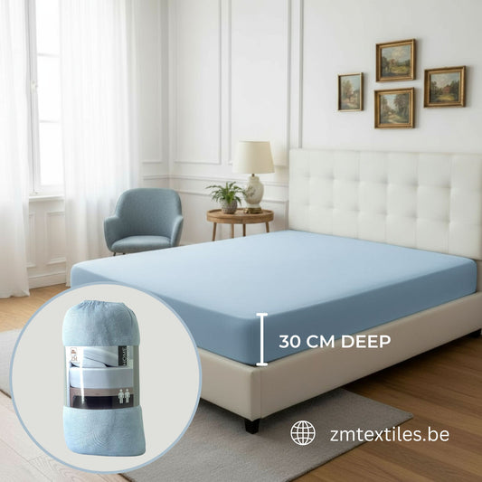 Blue mattress cover on a bed with a close-up of the packaging and text indicating depth, set in a bedroom, featuring ZM Textiles Belgium jersey fitted sheets.