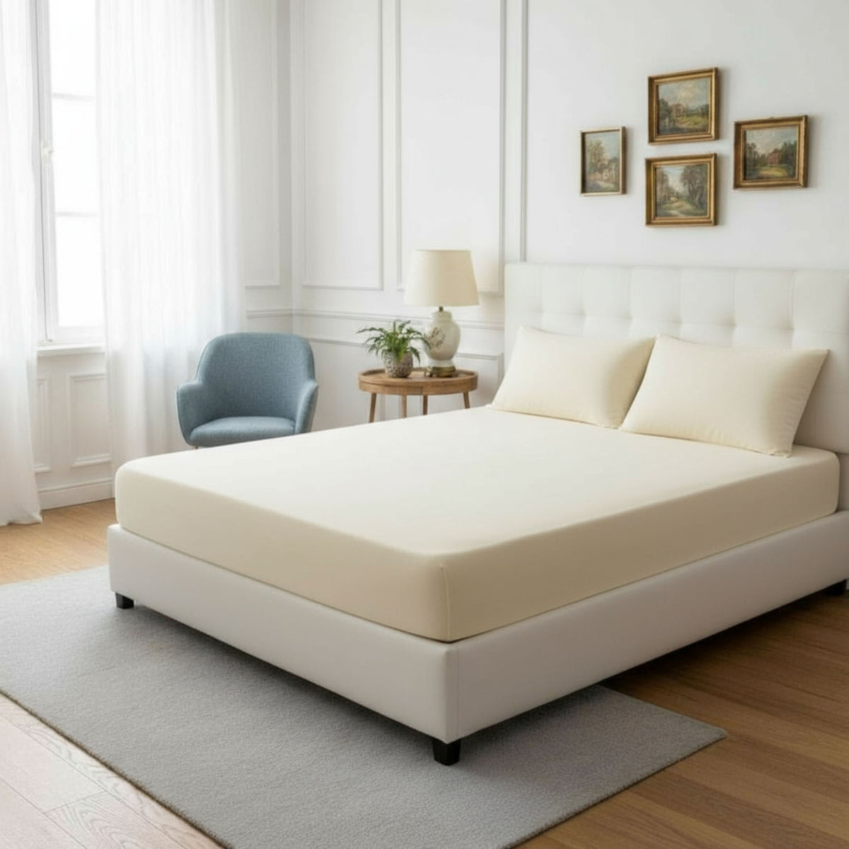 Sandfarbenes Jersey-Baumwoll-Spannbettlaken auf einem Bett – ZM Textiles Belgien
