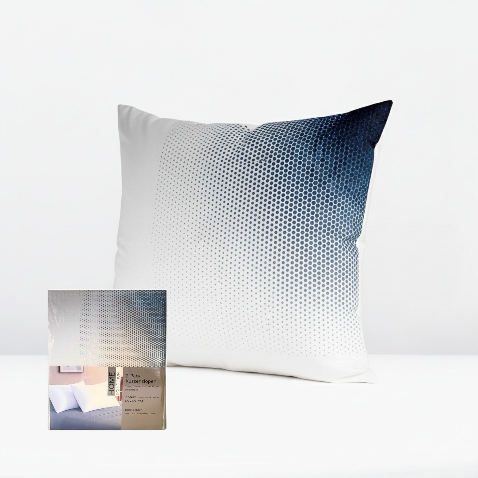 Decorative pillowcase with gradient pattern on a white background, featuring ZM Textiles Belgium printed pillowcase set.