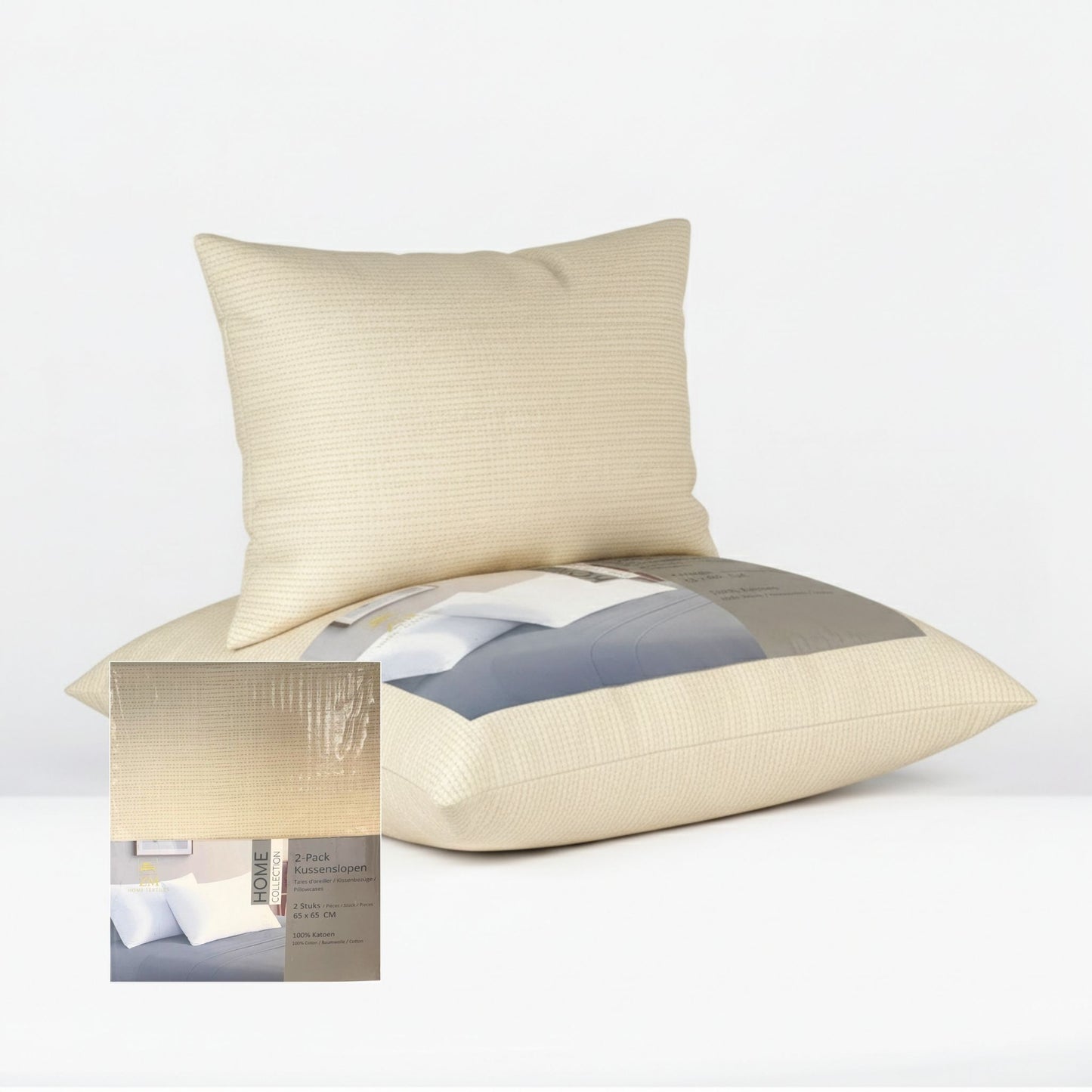 Beige pillowcase with packaging on a white background, featuring ZM Textiles Belgium printed pillowcase set.