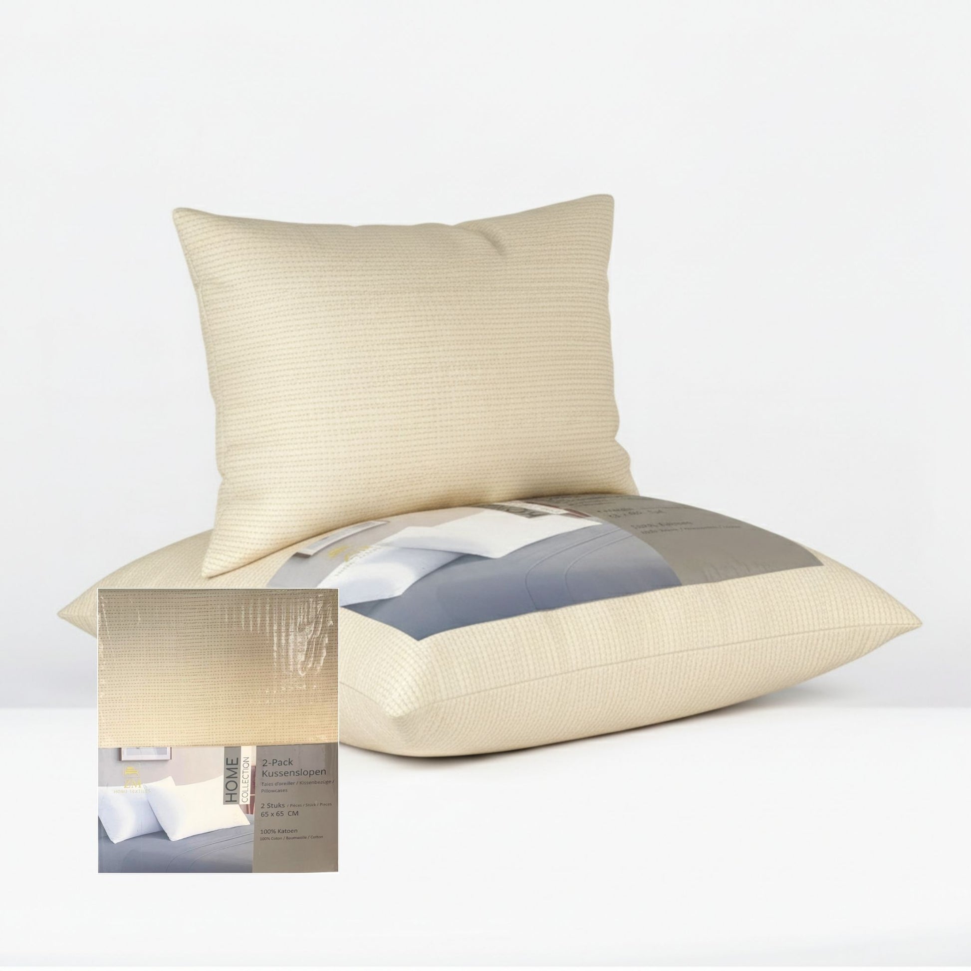 Beige pillowcase with packaging on a white background, featuring ZM Textiles Belgium printed pillowcase set.