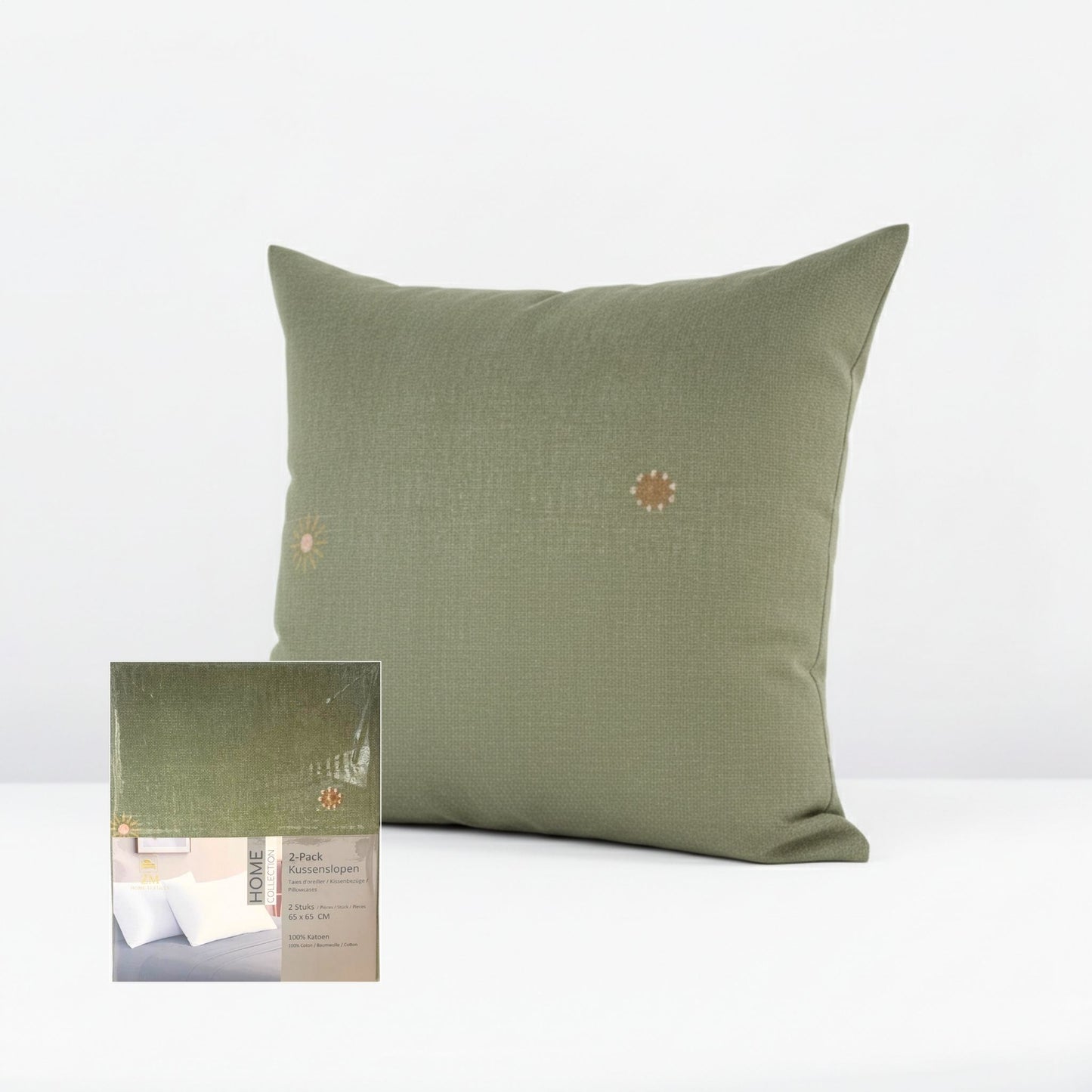 Green pillowcase with floral embroidery on a white background, featuring ZM Textiles Belgium printed pillowcase set.