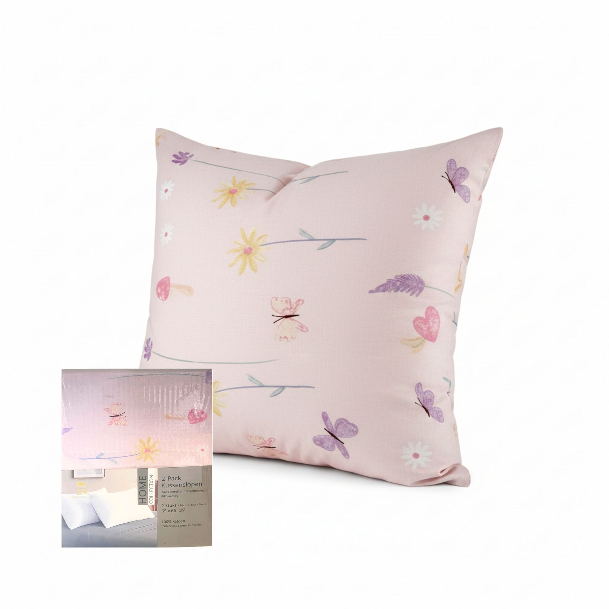 Pink pillowcase with floral and butterfly pattern on a white background, featuring ZM Textiles Belgium printed pillowcase set