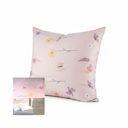 Pink pillowcase with floral and butterfly pattern on a white background, featuring ZM Textiles Belgium printed pillowcase set