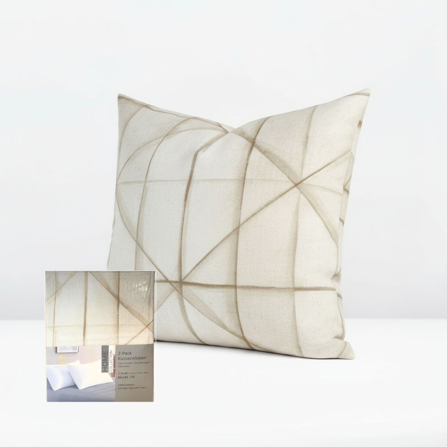 Decorative pillowcase with geometric pattern on a white background, featuring ZM Textiles Belgium printed pillowcase set.