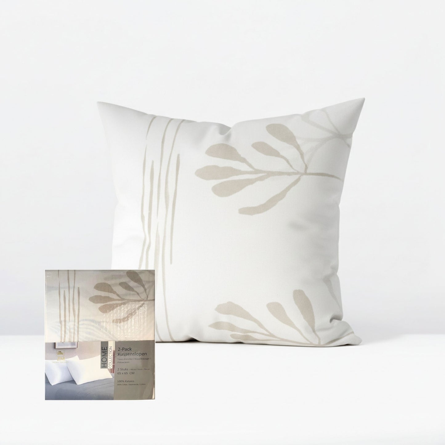 Decorative pillowcase with leaf pattern on a white background, featuring ZM Textiles Belgium printed pillowcase set.