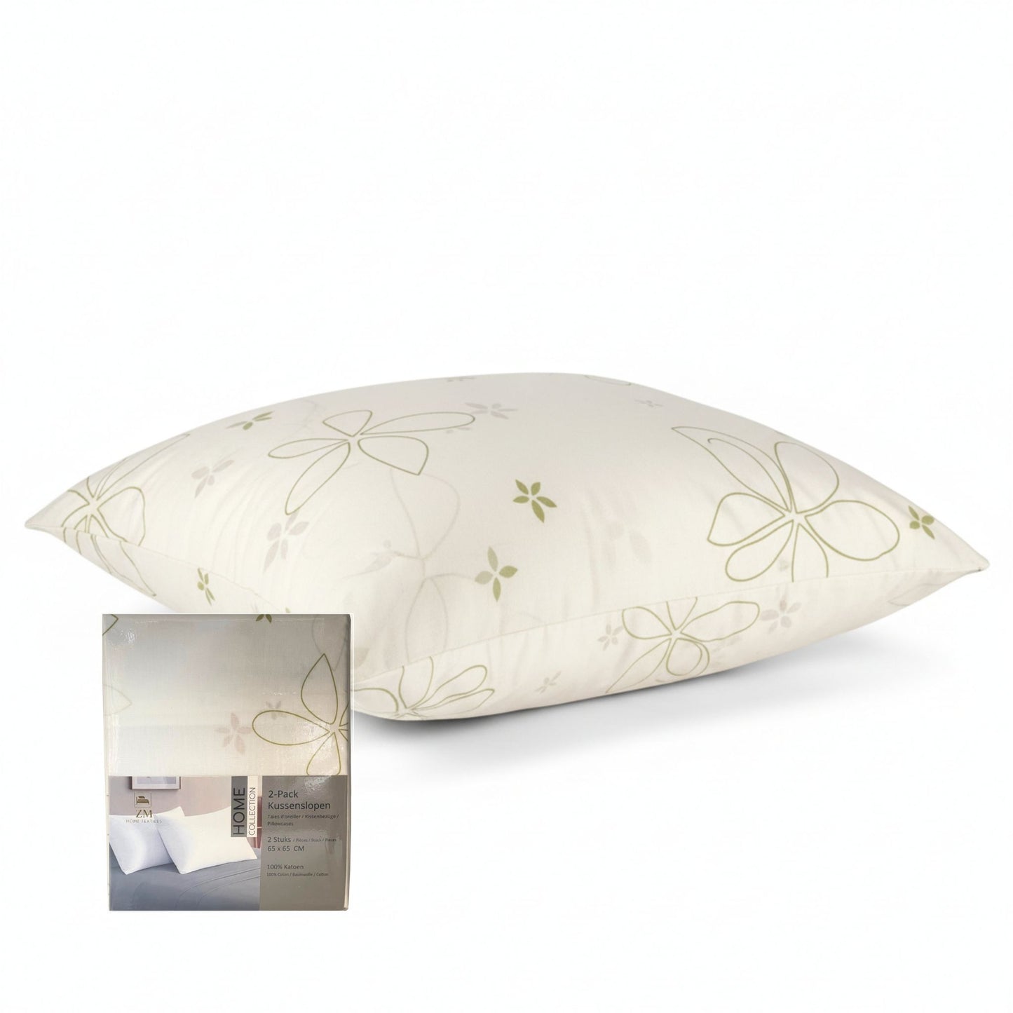 Decorative pillowcase with floral patterns on a white background, featuring ZM Textiles Belgium printed pillowcase set.