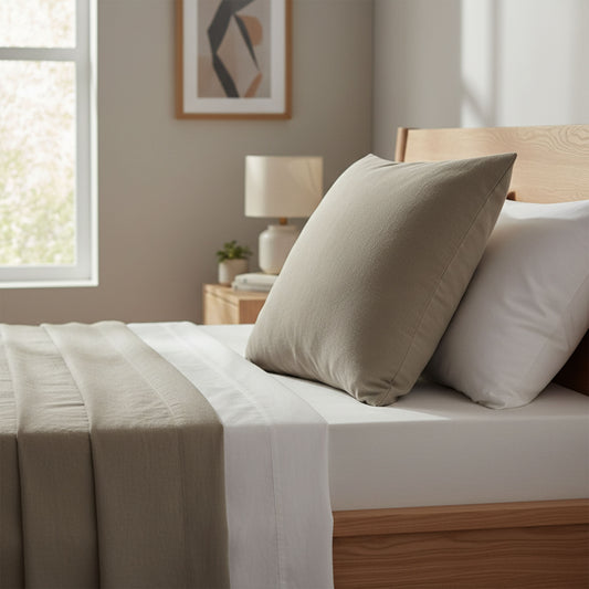 Neatly made bed with beige and white pillows in a bedroom setting, featuring ZM Textiles Belgium dyed pillowcase set.