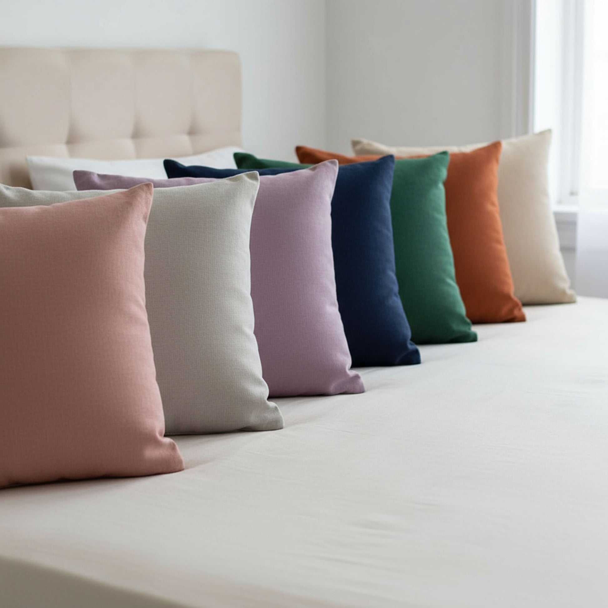 Row of colorful pillows on a bed in a bedroom setting showing ZM Textiles dyed pillowcase color collection.