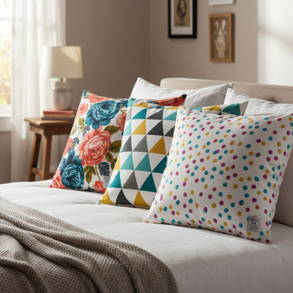 Decorative pillows cases with floral, geometric, and polka dot patterns on a bed, featuring ZM Textiles Belgium printed pillowcase set.