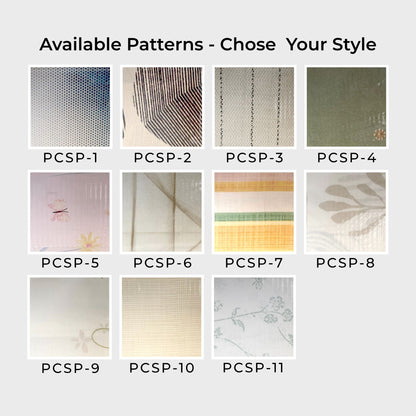 Grid of Pillow case pattern swatches labeled PCSP-1 to PCSP-11 on a light gray background, featuring ZM Textiles Belgium printed pillowcase set.