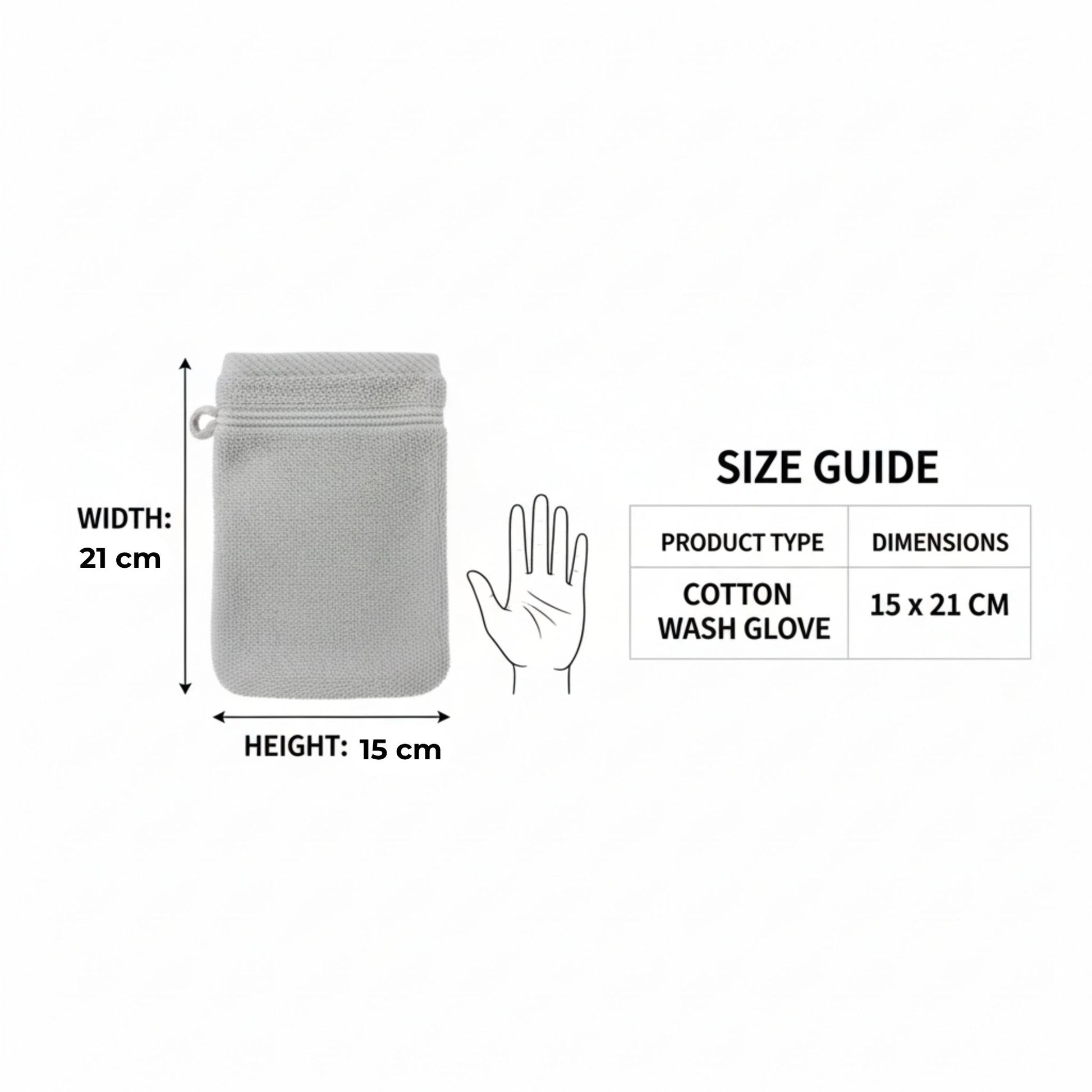 Size guide for a cotton wash glove with dimensions and product type label, featuring ZM Textiles Belgium wash gloves.