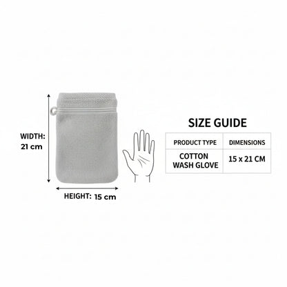 Size guide for a cotton wash glove with dimensions and product type label, featuring ZM Textiles Belgium wash gloves.