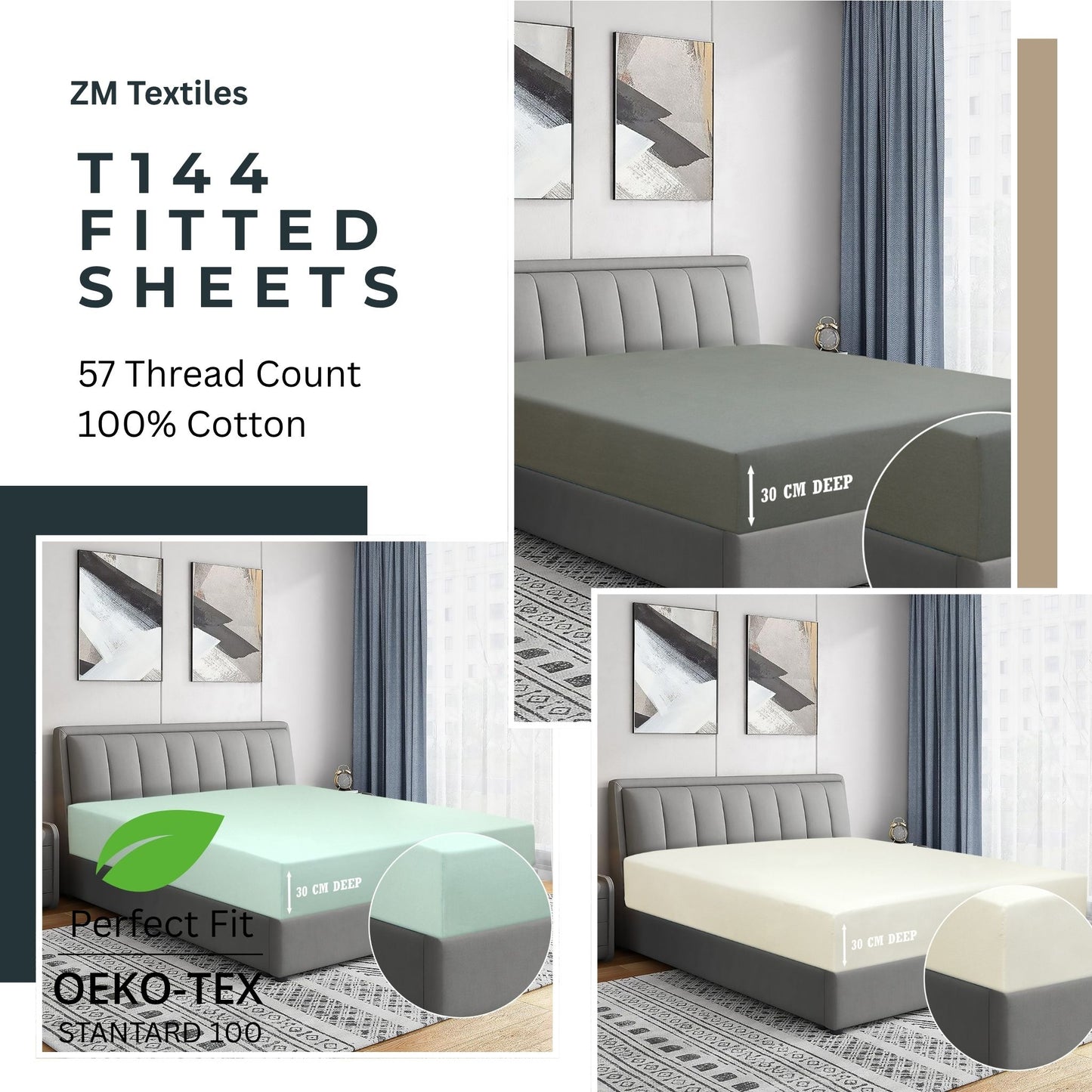 Dyed T144 Fitted Sheet 100% Cotton – OEKO-TEX® Certified, All-Around Elastic, European Size