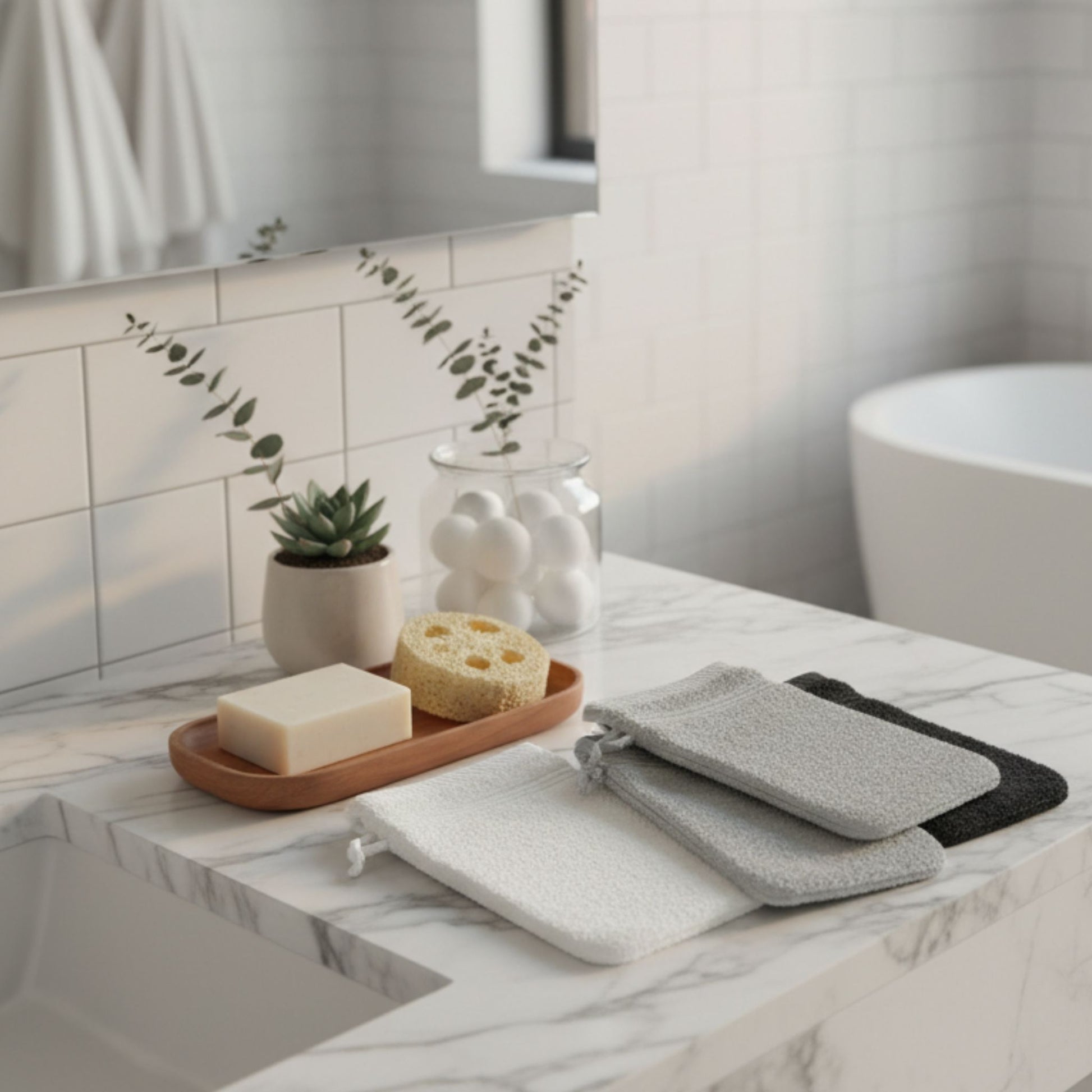 Gray and black washcloths on a marble countertop with a soap dish and plant in the background, featuring ZM Textiles Belgium wash gloves.