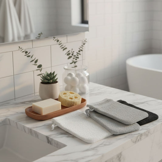 Gray and black washcloths on a marble countertop with a soap dish and plant in the background, featuring ZM Textiles Belgium wash gloves.
