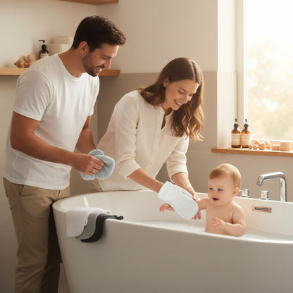 Family in a bathroom with a baby in a bathtub, parents holding wash glove, featuring ZM Textiles Belgium wash gloves.