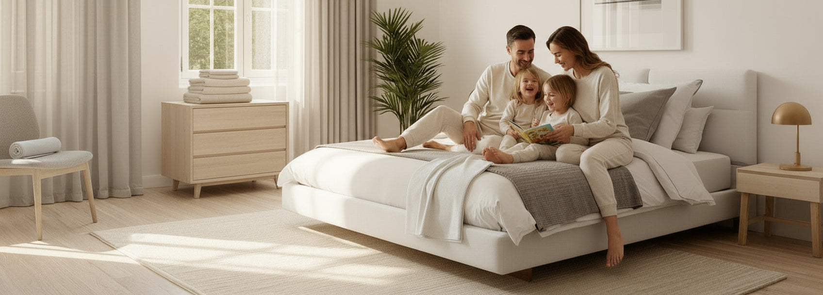 Cozy family enjoying premium 100% cotton bedding from ZM Textiles in a modern bedroom – soft, breathable, and OEKO-TEX certified for ultimate comfort.
