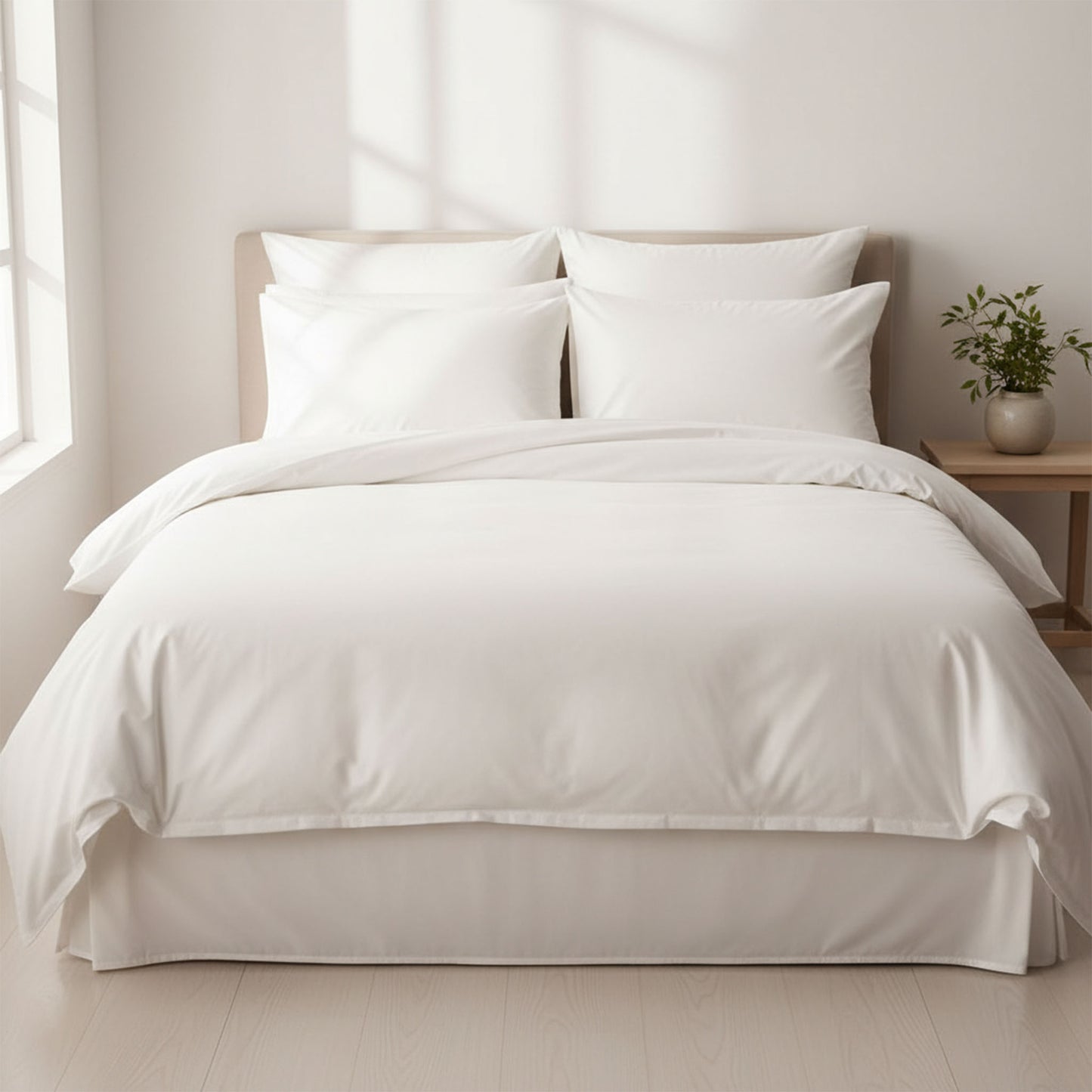 White bedding set on a bed in a bright room with a plant on a nightstand showcasing complete bedding bundle includes duvet cover + jersey fitted sheet + pillowcase.