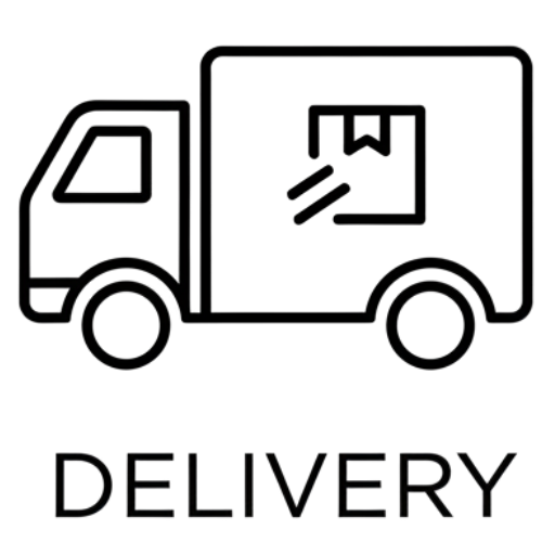 Black and white icon of a delivery truck with DELIVERY text below for ZM Textiles Belgium.