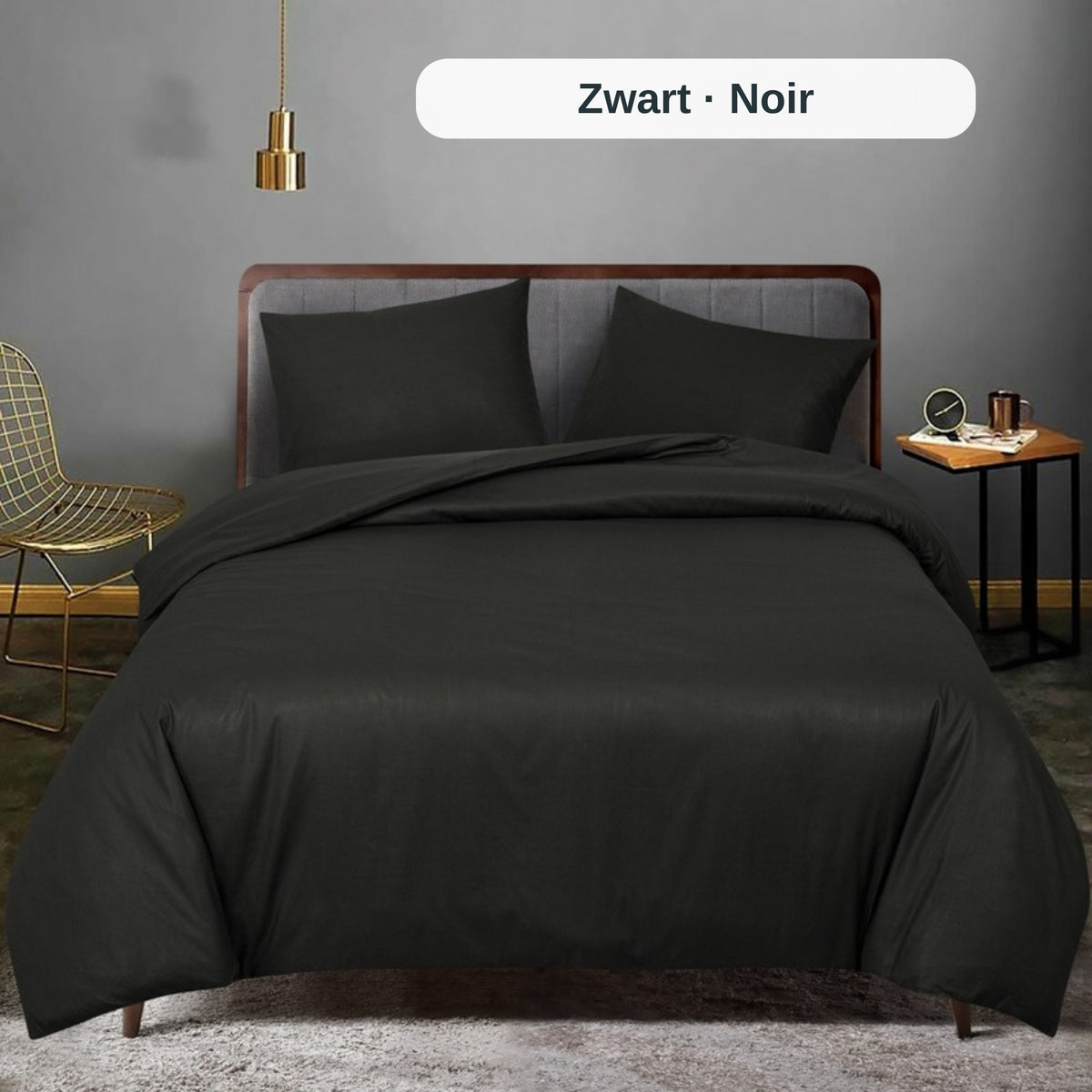 Black cotton duvet cover set, double (Zwart / Noir), ZM Textiles Belgium